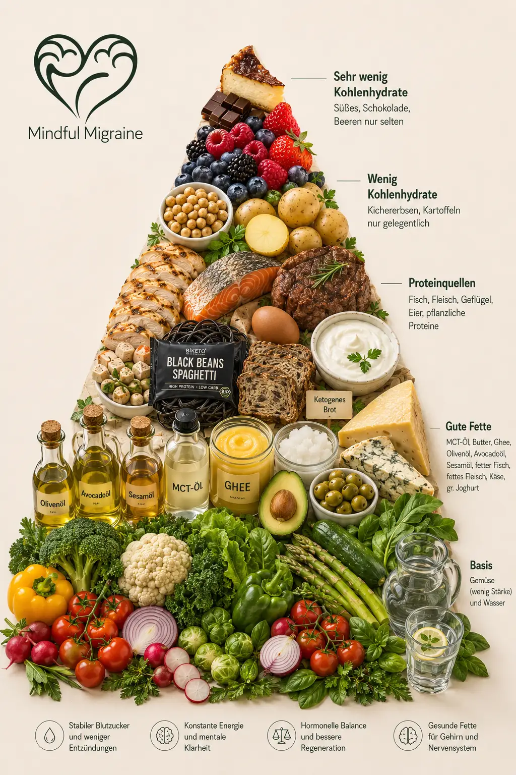 Aufrechte Ernaehrungspyramide von Mindful Migraine fuer eine kohlenhydratarme, ketogene Ernaehrung. Die breite Basis bildet Gemuese mit wenig Staerke und Wasser. Darueber folgen gute Fette wie MCT-Oel, Butter, Ghee, Olivenoel, Avocadooel, Sesamoel, fetter Fisch, Kaese und Joghurt, dann Proteinquellen wie Fisch, Fleisch, Gefluegel, Eier und pflanzliche Proteine, darueber wenig Kohlenhydrate wie Kichererbsen und Kartoffeln nur gelegentlich, und an der Spitze sehr wenig Kohlenhydrate wie Suesses, Schokolade und Beeren nur selten.