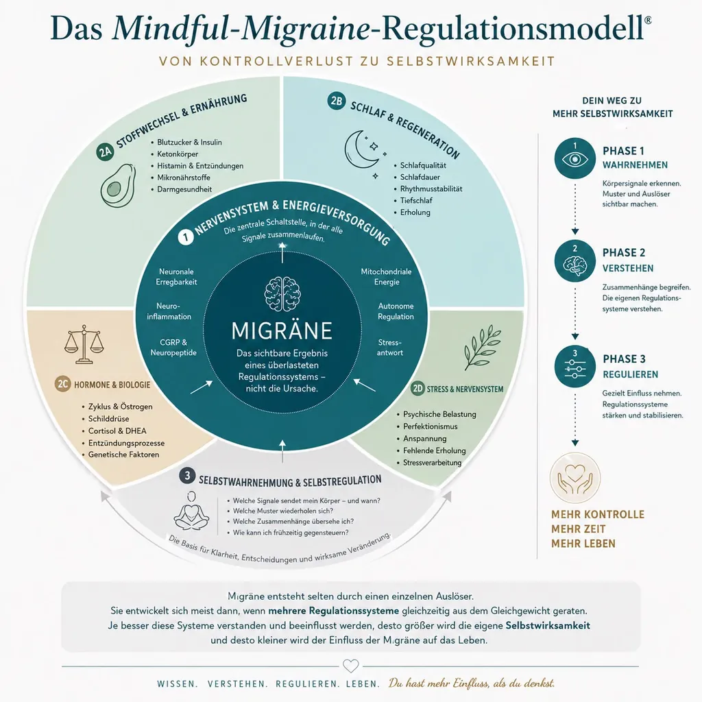 Konzentrische Infografik mit dem Titel „Das Mindful-Migraine-Regulationsmodell“. Im Zentrum steht „Migräne“ als sichtbares Ergebnis eines überlasteten Regulationssystems, umgeben von einem Kernring „Nervensystem und Energieversorgung“. Außen liegen vier Felder: Stoffwechsel und Ernährung, Schlaf und Regeneration, Hormone und Biologie sowie Stress und Nervensystem, dazu ein Ring zu Selbstwahrnehmung und Selbstregulation. Rechts eine Leiste mit drei Phasen: Wahrnehmen, Verstehen, Regulieren.
